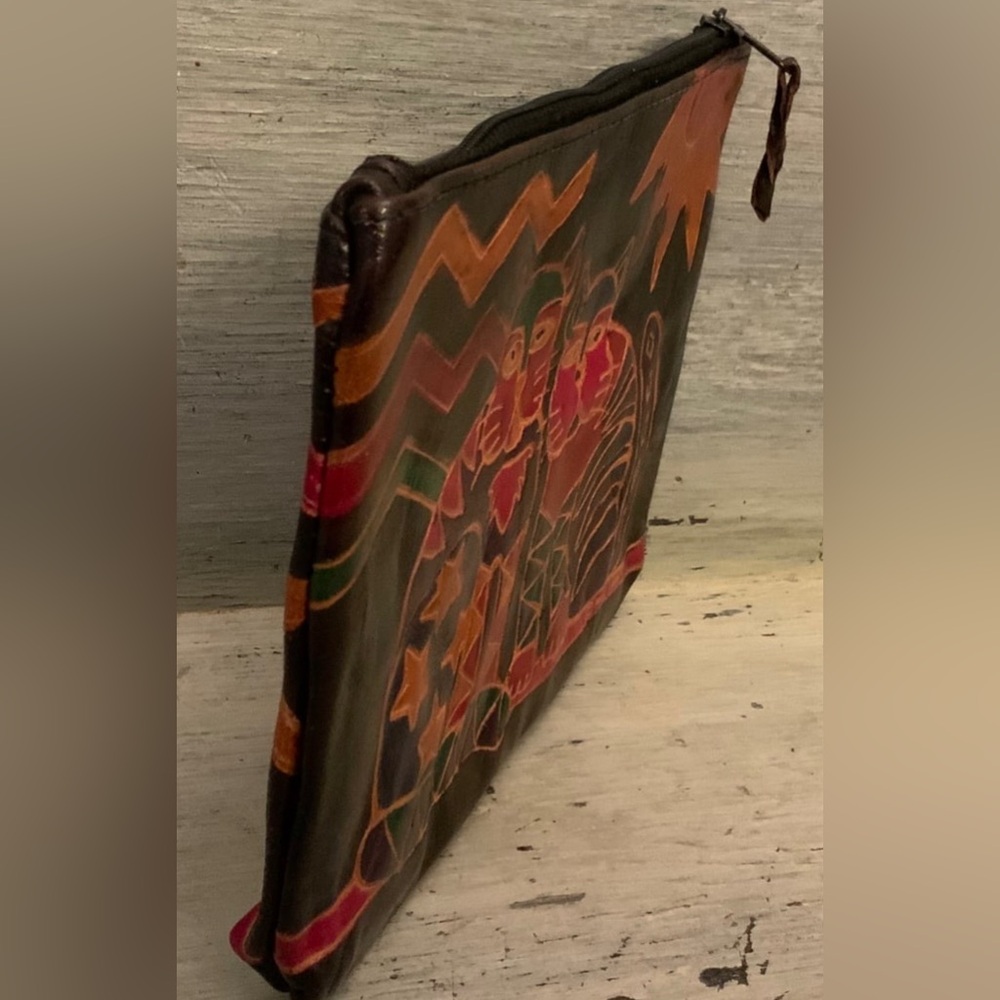 Vintage Genuine Leather Colorful Embossed Cats Clutch Made in India Like New - Picture 3 of 8